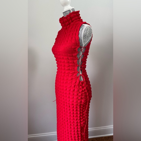 Daisy Red Bubble Knit Lace Up Maxi Dress - Picture 3 of 10